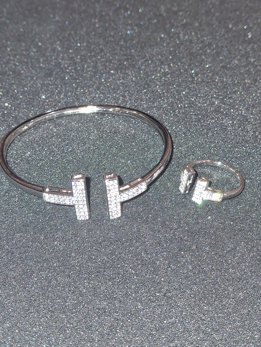 Silver Tone  Pavé T-Bar Bracelet and Ring Set - Sparkling Silver Plated Jewelry